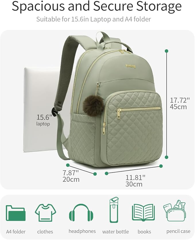 School Backpack for Teen Girls, Cute Laptop Backpack Purse with Charging Hole for Women Work Travel Commute University College Bookbag, Green