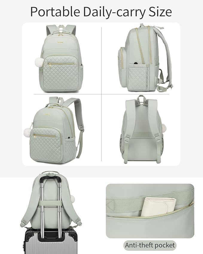 Laptop Backpack Women School Backpack for High School Teen Girls, Water Resistant College Bookbag with Charging Hole for Travel Work, Light Green