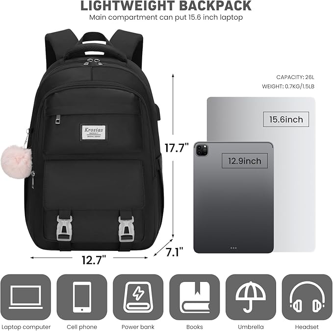 School Backpack for Girls Teens, Cute Aesthetic College Backpacks Large 15.6 Inch Laptop Bag Preppy Bookbag for Women Students Travel (Black)