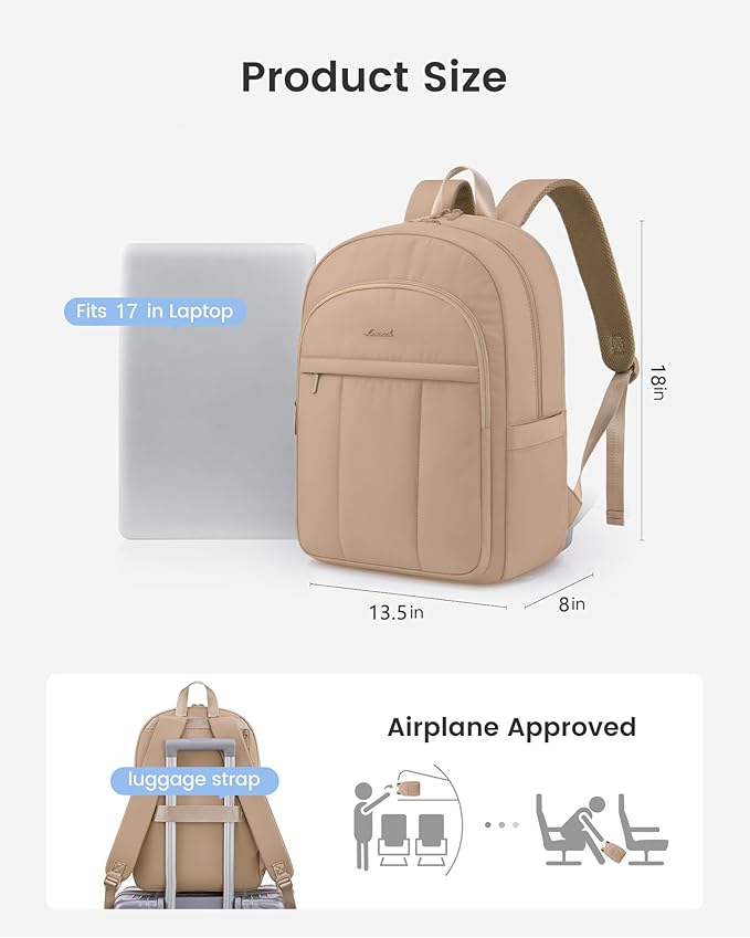 LOVEVOOK Laptop Backpack for Women, Puffer Travel Bag Fits 17 Inch Laptop, Lightweight Work Daypack for Teacher Nurse, Water-resistant College Bookbag, Coffee Brown