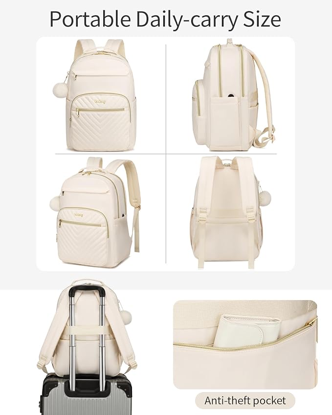 Laptop Backpack Women Bookbag, Teen Girls Backpack for Middle High School College Students, Teacher Work Bag Back Pack Travel, Beige