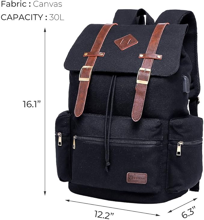 Modoker Eco-Friendly Mens Canvas Vintage Backpack for Men,Women, Travel Laptop Backpack Fits 17/15.6 Inch Computer & Tablet, Large Bookbag Rucksack Backpack with USB Charging Port, Black