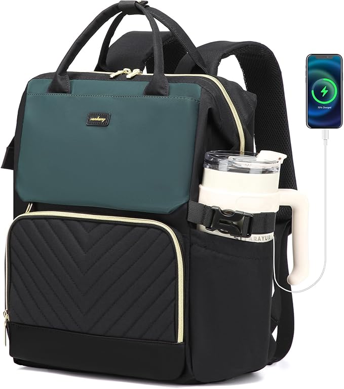 Computer Backpack for Women, Work Bag Laptop Bookbag with Cup Holder & USB Charger for Teacher Nurse College Travel Back Pack, Gifts, Black DarkGreen