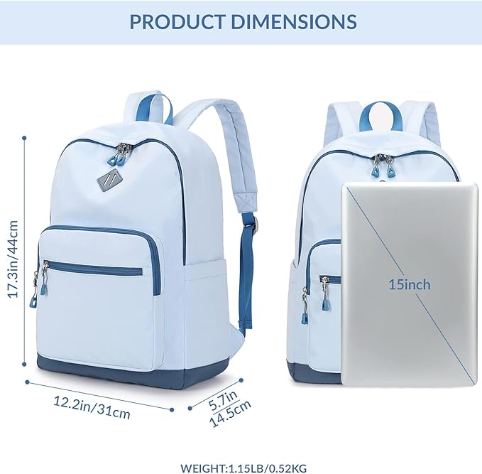 Lohol Classic Backpack for Girls Boys Teens, Lightweight Bookbag for School Travel College, 12.2 * 5.7 * 17.3 Inches (Blue/Blue)