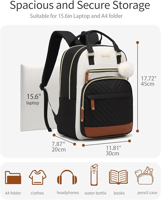 Laptop Backpack for Women, Bookbag for Teacher Work College Back Pack with Charging Hole High School Backpack for Teen Girls Water Resistant, BeigeBlack Brown