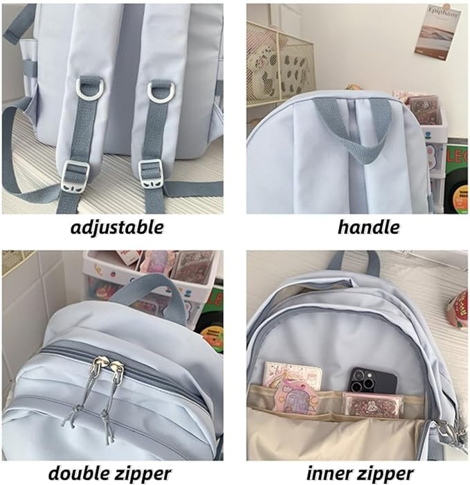 Kawaii Backpack with Cute Accessories Casual Aesthetic Daypack Simple Laptop Bag Waterproof Travel Rucksack for Women (blue)