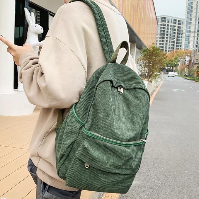 Aesthetic Backpack Cute Backpack Corduroy Backpack School Supplies Laptop Bag for Teens Girls Women Students Solid Color(Green)