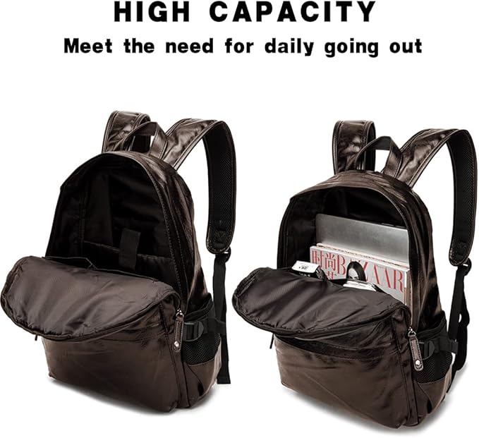 Leather Laptop Backpack for Men Women, School College Bookbag Casual Travel Daypack (Brown)