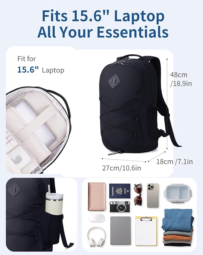 WANDF 15.6-Inch Laptop Backpack for Women, Travel Backpack Water-Resistant Lightweight College Backpack for Work Casual Business Weekender (Black)