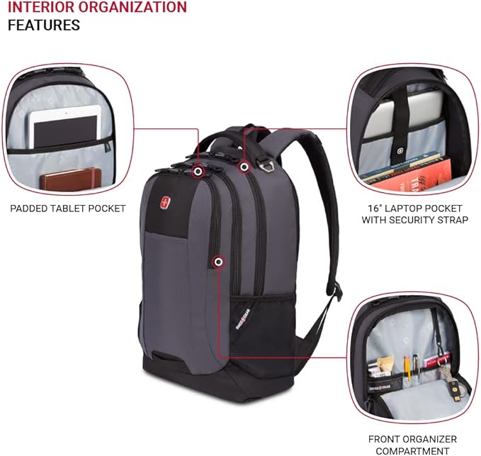 SWISSGEAR Cecil 18-Inch Laptop Backpack Fits 16-Inch Laptop, Travel Daypack with Organizer Pockets, Water Bottle Holders & Padded Straps – Dark Grey/Black