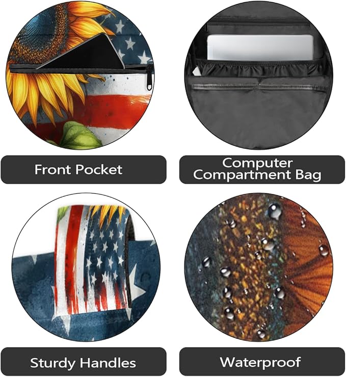 Pardick American Flag Sunflower Backpack for Kids Girls Boys Lightweight School College Students 18in Bookbag Large Capacity Computer Backpacks Laptop Rucksack Travel Gym Hiking Camping Daypack