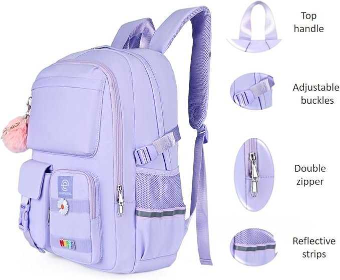 School Backpack for Girls & Women, Bookbag for Middle School & College, Large Travel Daypack for Laptop (Purple)