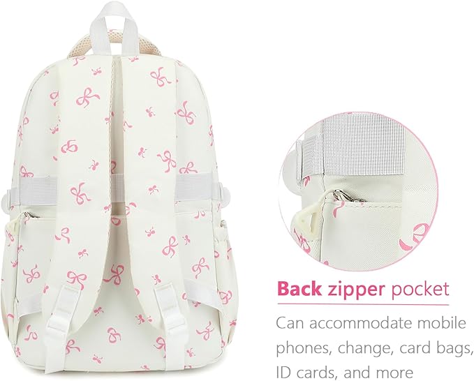 Girls Backpack for College High Middle School Student, Cute Aesthetic Bookbag for Teens Women with Accessories, Beige Bow