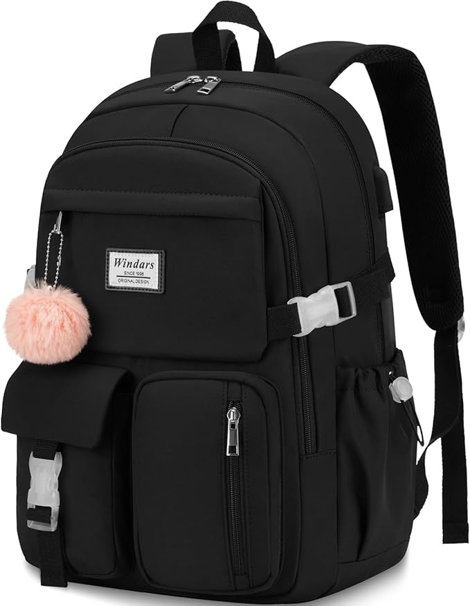 Backpack for Teen Girls, 17.3 Inch Laptop Backpack Cute Kids Bookbag for Middle School College Students, Large School Bag for Women (Black)