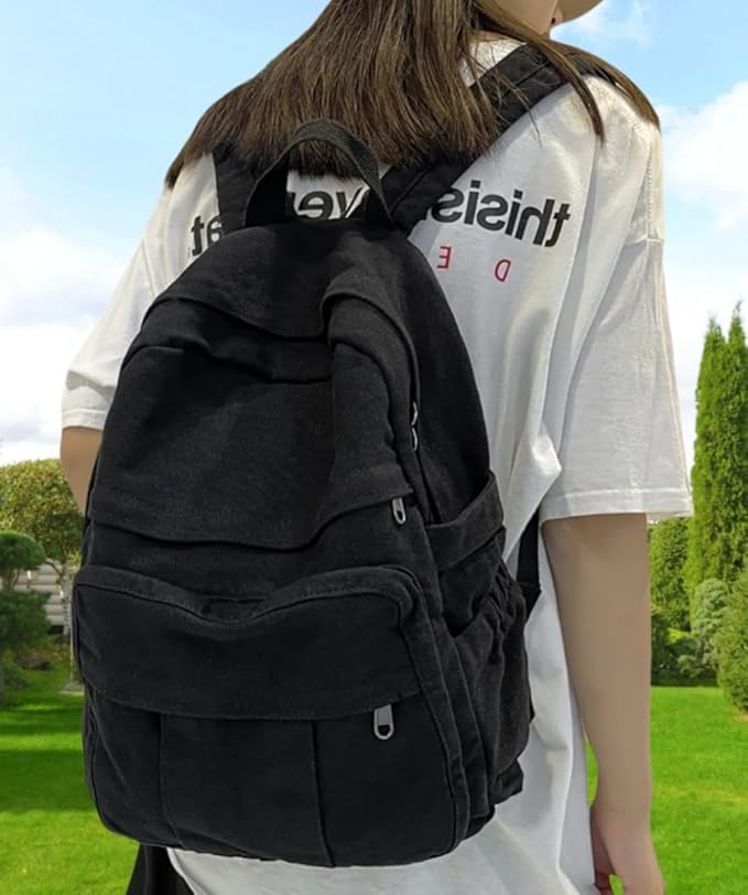 Black Canvas Backpack for Women & Men Retro Aesthetic Rucksack Basic Backpack for High School/College Students Travel Laptop Bag