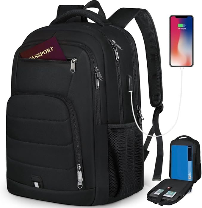 RAINSMORE Laptop Backpack 17 Inch Large Travel Backpack for Men Women Waterproof Computer Work Business College Bookbag TSA Friendly Carry on Backpack with USB Port, Black