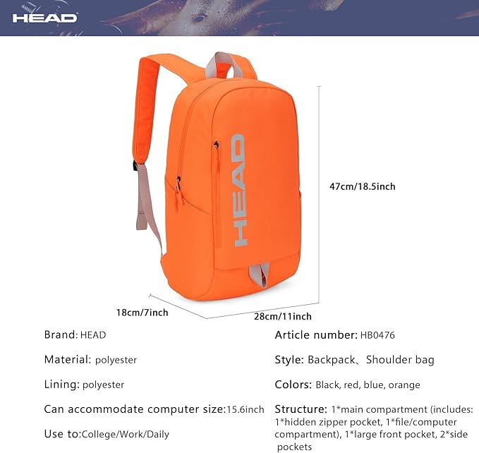 HEAD Waterproof Gym Backpack for Women, Compact Sport Backpack for College/Hiking/Fitness/Outdoor/Daily, (Orange)
