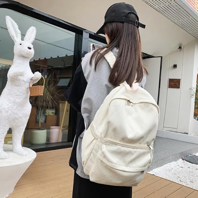 Aesthetic Backpack Cute Backpack Corduroy Backpack School Supplies Laptop Bag for Teens Girls Women Students Solid Color(White)