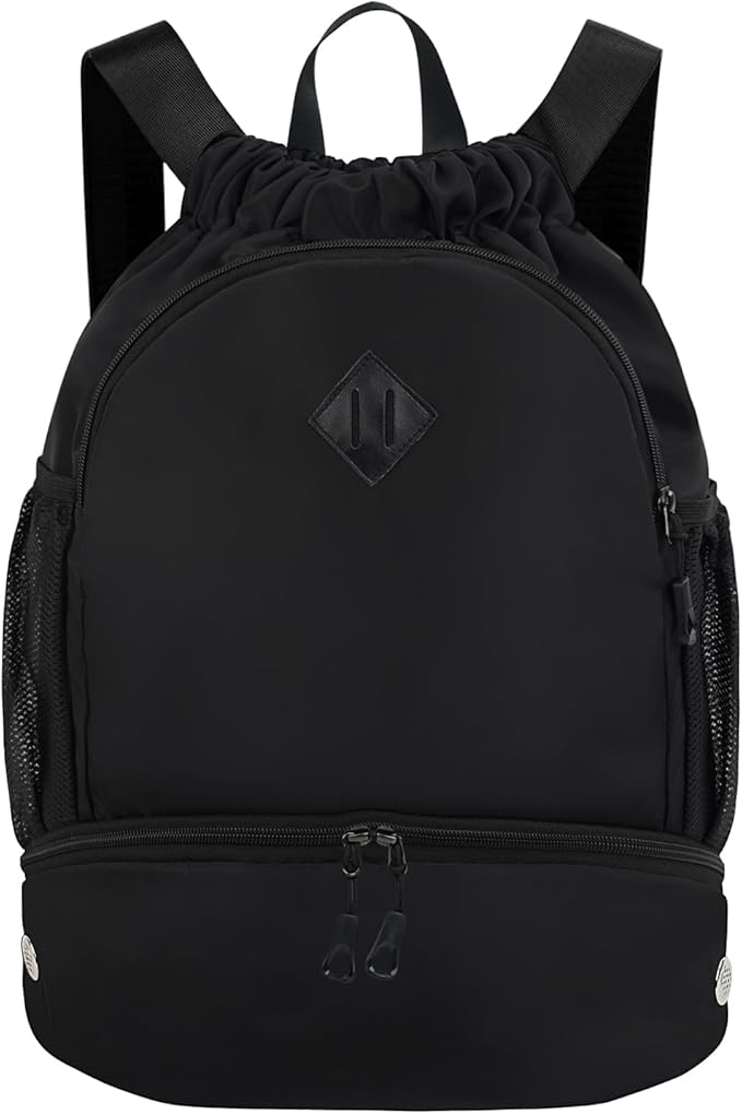 Drawstring Backpack Gym Backpack with Shoe Compartment for Men Women String Sports Bag with Wet Pocket Cinch Swim Beach Bag, Black (Patent Pending)