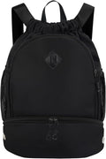 Drawstring Backpack Gym Backpack with Shoe Compartment for Men Women String Sports Bag with Wet Pocket Cinch Swim Beach Bag, Black (Patent Pending)