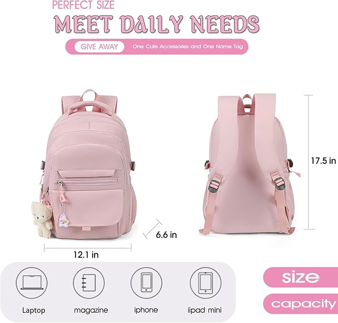 Girls Backpack for College High Middle School Student, Cute Aesthetic Bookbag for Teens Women with Accessories，Purple