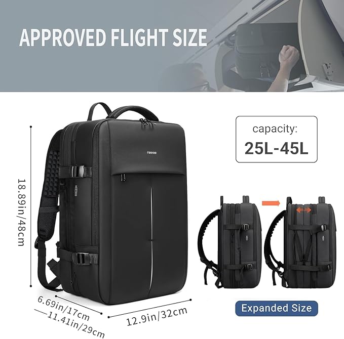 reeyee 45L Carry On Backpack for Men, TSA Flight Approved Travel Luggage Rucksack, Water-Resistant Business Weekender Bag, Fits 17.3 Inch Laptop, Black