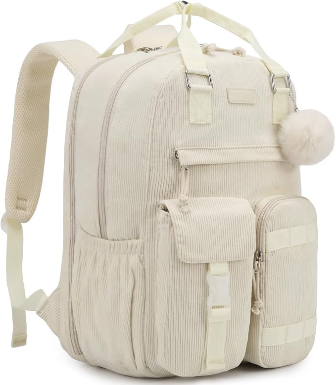 Teen Girls Backpack, Aesthetic Corduroy Bookbag with 15.6" Laptop Compartment Cute School Bag for Middle High School College, Beige