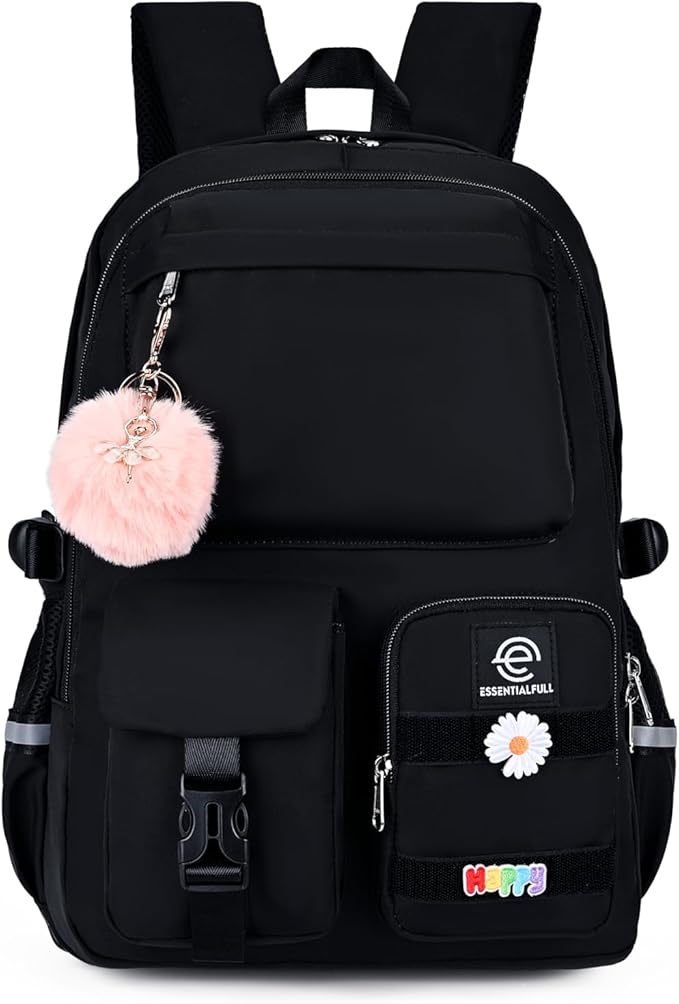 School Backpack for Girls & Women, Bookbag for Middle School & College, Large Travel Daypack for Laptop (Black)