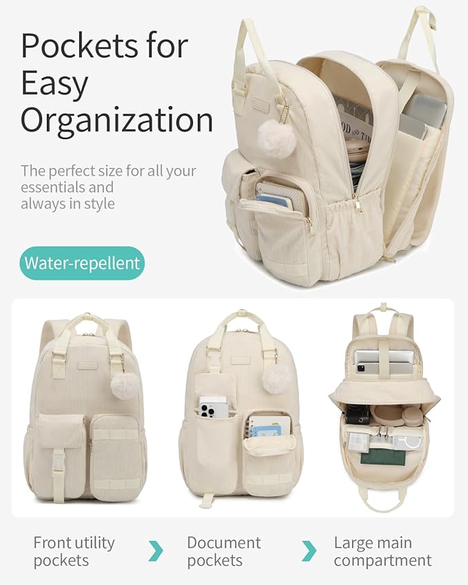 Cute Backpacks for Women, 17.3in Laptop Bag for Teen Girl Corduroy Bookbag for Middle High School College Students, Beige