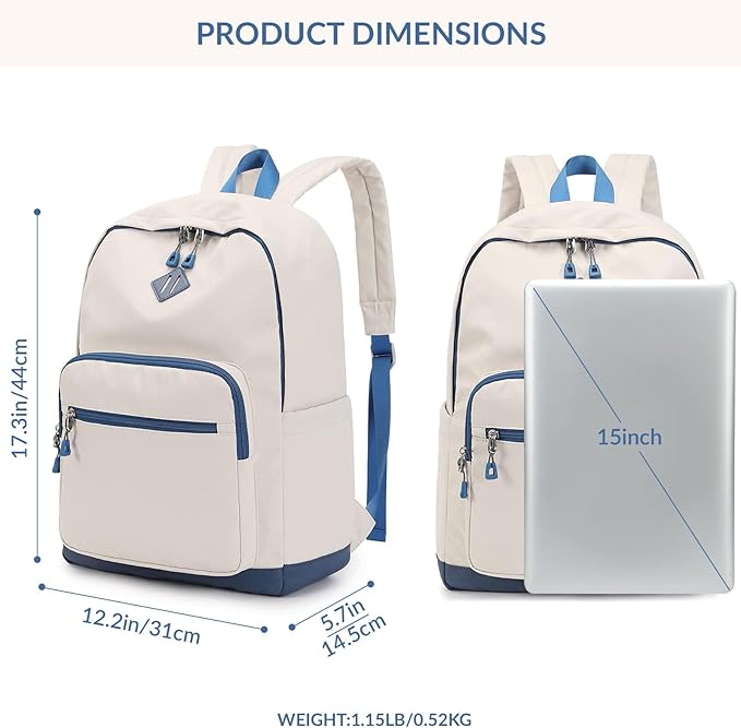 Lohol Classic Backpack for Girls Boys Teens, Lightweight Bookbag for School Travel College (Beige/Blue)