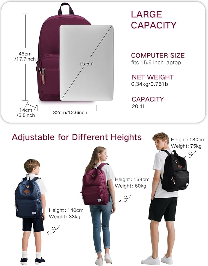 RAVUO School Backpack for Women | Classic College Bookbag for 15.6 inch Laptop, Water Resistant Daypack for Highschool Travel, Burgundy