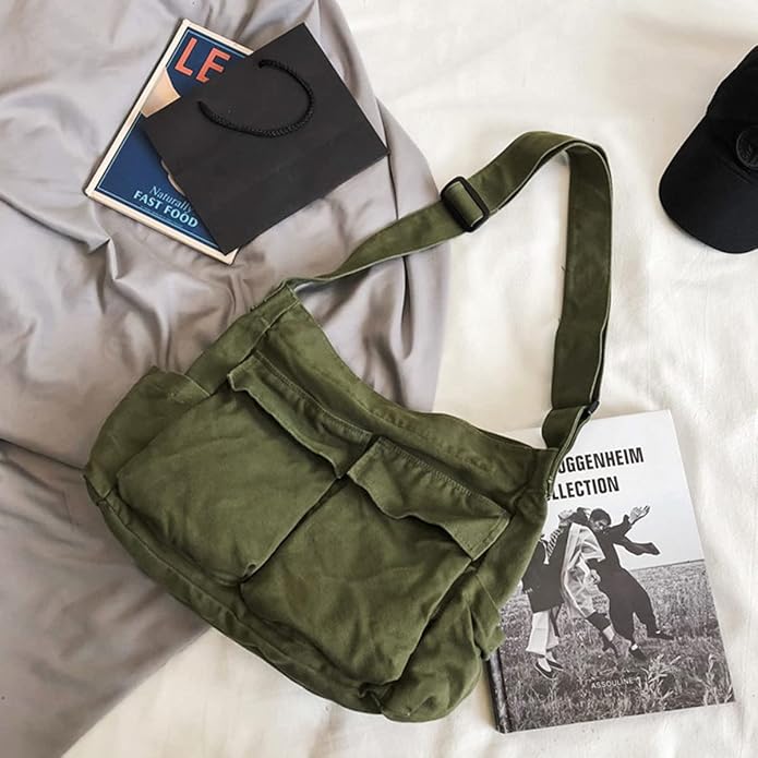GAXOS Aesthetic Cute Messenger Bag for School Vintage Black Canvas Crossbody for Women Shoulder Laptop Bag