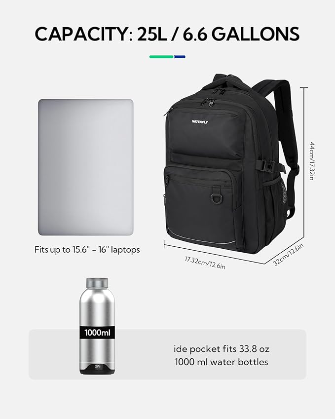 WATERFLY Travel Laptop School Backpack: Big Student College Middle School Bookbag for Women Men, Work Casual Daypack with 15.6" Computer Compartment, Anti Theft Water Resistant Commuter Bag