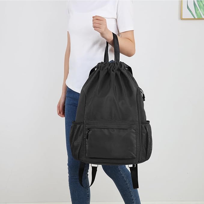 Valleycomfy Waterproof Drawstring Gym Backpack Bag for Men & Women,Sports Gym Bag with Side Pocket Black
