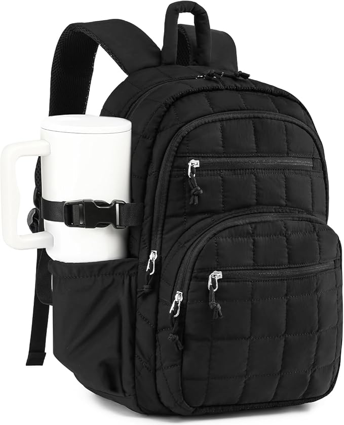 Quilted Laptop Backpack for Women, College Bookbag with Tumbler Holder Pocket for Nurse Teacher Work Travel, Puffer School Backpack for Teen Girls Big Student, Black