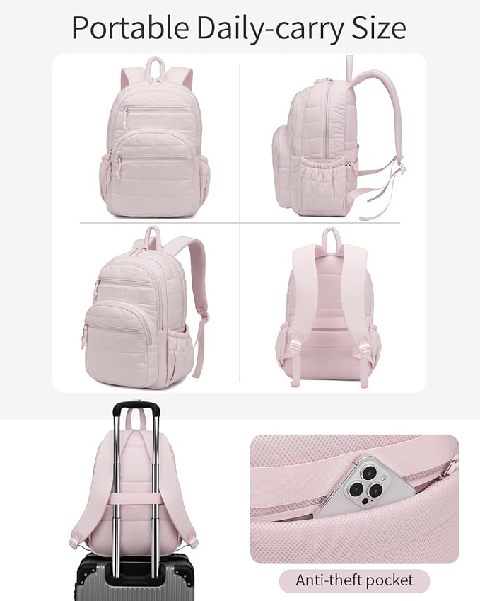 Bookbag for Women, Teen Girls Backpack for High School College Student, Puffer Quilted Back Pack Cute Laptop Backpack for Work Travel Mom Casual Daypack, Pink