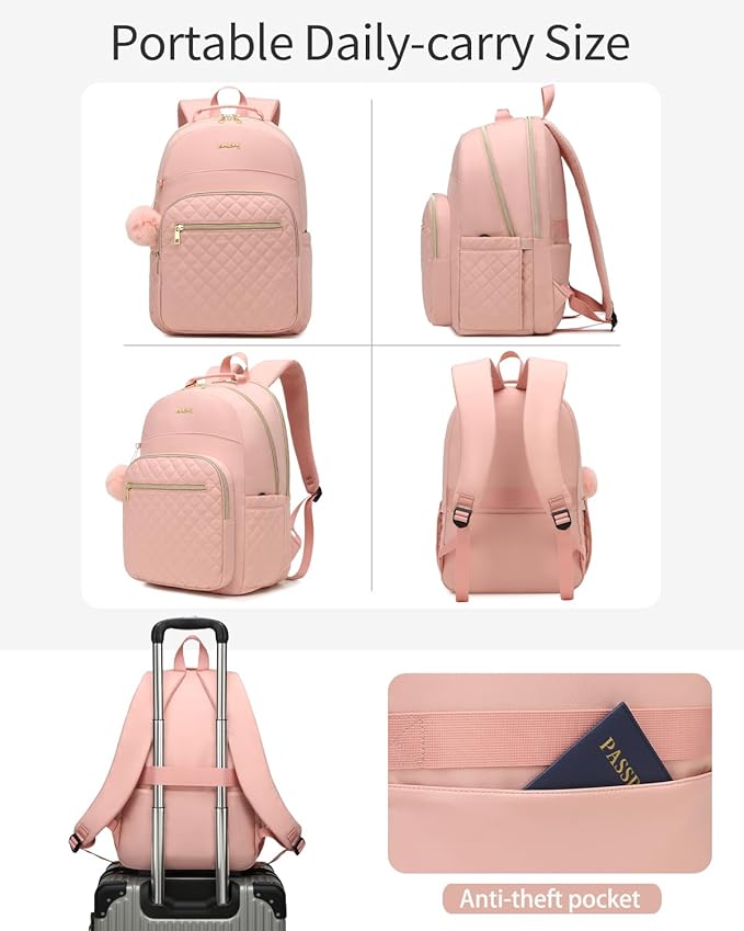 Girls Backpack, Cute Laptop Backpack with Charging Hole for Middle High College School, Water Resistant Daypack for Women Work Travel, Pink