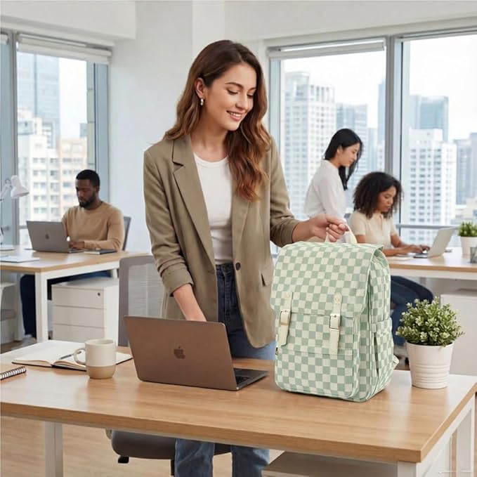 Women Laptop Backpack, Corduroy 15.6" Travel Backpack for Work College Business, Teacher Nurse Bag with Large Capacity School Bookbag Bags for Girls - Checkered Matcha Green