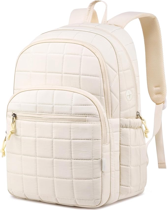 Laptop Backpack for Women College Travel,Quilted Daypack Bookbag for School Teen Girls Mochilas Mujer,Beige