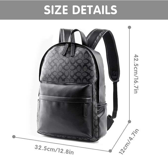 Leather Laptop Backpack for Men Women, School College Bookbag Casual Travel Daypack (Black)