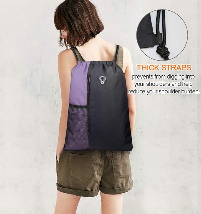 BeeGreen Lilac Drawstring Backpack Sports Gym String Backpack For Women Men Large Size Cinch Sack Workout Bag with Zipper and Water Bottle Mesh Pockets