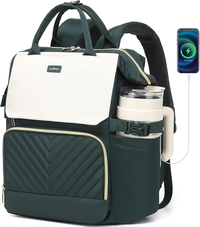 Computer Backpack for Women, Work Bag Laptop Bookbag with Cup Holder & USB Charger for Teacher Nurse College Travel Back Pack, Gifts, Beige DarkGreen
