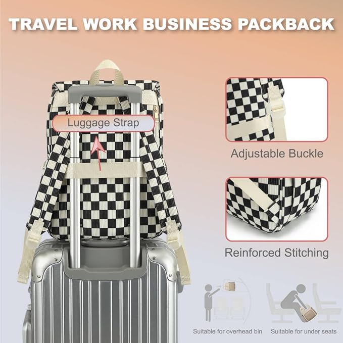 Women Laptop Backpack, Corduroy 15.6" Travel Backpack for Work College Business, Teacher Nurse Bag with Large Capacity School Bookbag Bags for Girls - Checkered Black