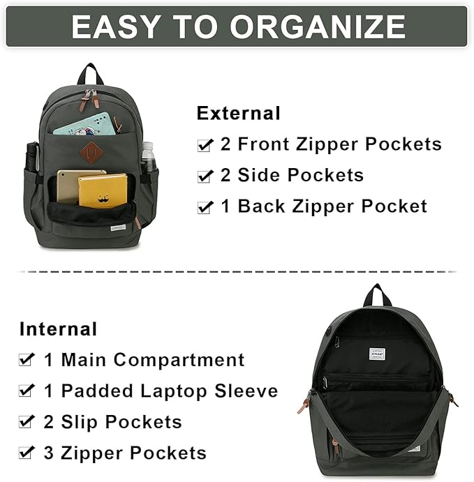 RAVUO School Backpack for Men Women, Water Resistant 15.6 inch Laptop Bag College Bookbag Casual Daypack Travel Rucksack