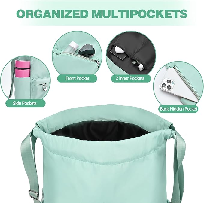 Drawstring Backpack with Wet Pocket Gym Backpack Water-Resistant Cinch String Bag Beach Swim for Women Men