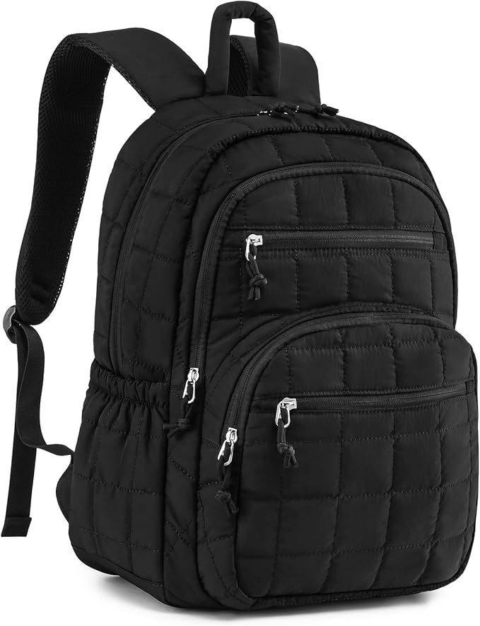 Bookbag for Women, Teen Girls Backpack for High School College Student, Puffer Quilted Back Pack Cute Laptop Backpack for Work Travel Mom Casual Daypack, Black