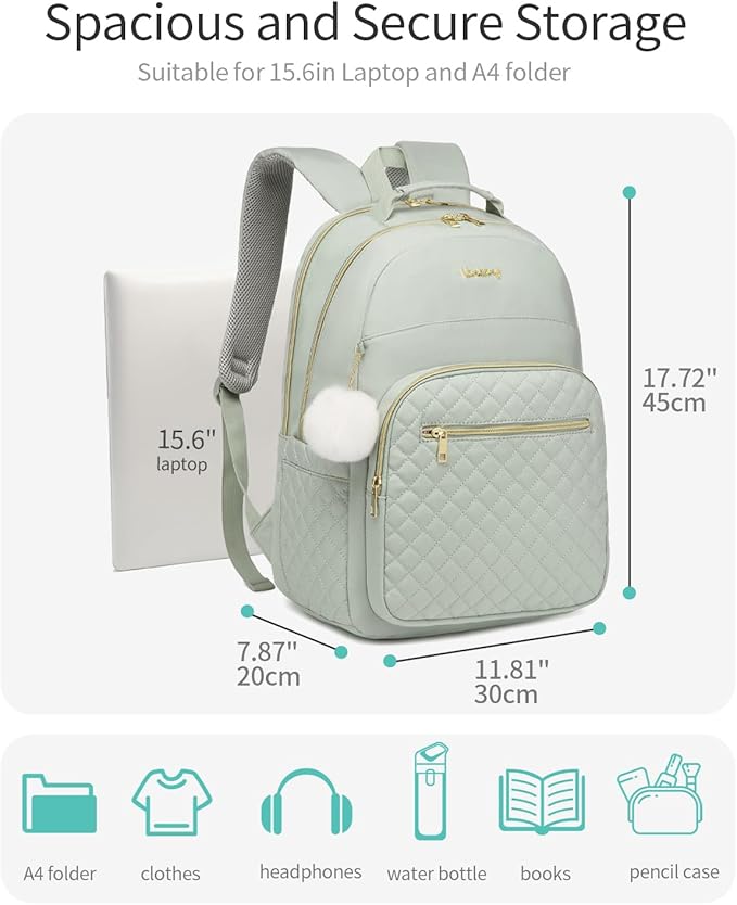 Laptop Backpack Women School Backpack for High School Teen Girls, Water Resistant College Bookbag with Charging Hole for Travel Work, Light Green