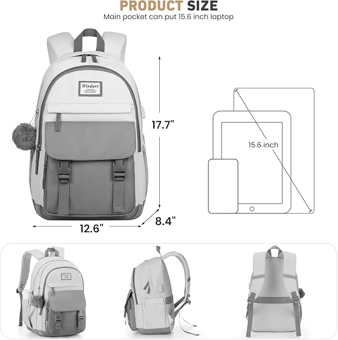 School Backpack for Teen Girls, Cute College Backpacks for Women Students Aesthetic Bookbag Large 15.6 Inch Laptop Bag Middle School Travel Back Pack (Dark Grey & Light Grey)