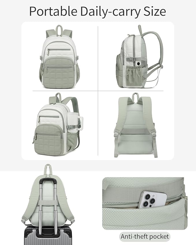 Quilted Bookbag for Women, College Laptop Backpack with Tumbler Holder Pocket for Nurse Teacher Work Travel, Puffer School Backpack for Teen Girls Big Student, White Green