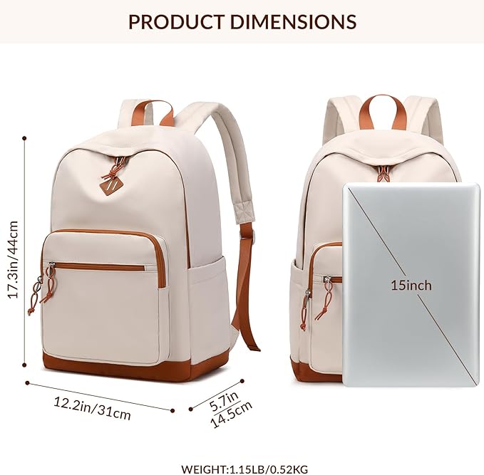Lohol Classic Backpack for Girls Boys Teens, Lightweight Bookbag for School Travel College (Beige/Orange)